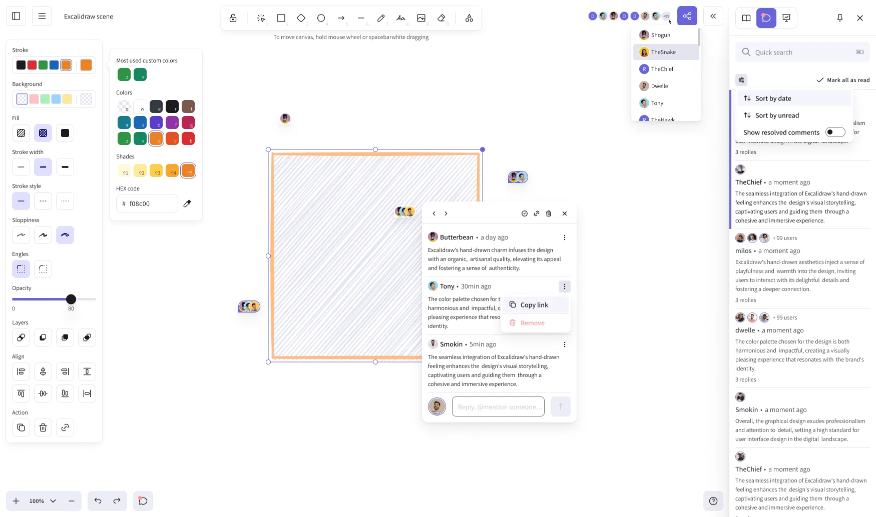 Excalidraw 编辑器界面：绘图工具集中在顶部中央工具栏，顶部右侧是协作头像与评论入口，选中对象后左侧展开属性面板，缩放与撤销/重做位于左下角（来源：plus.excalidraw.com）