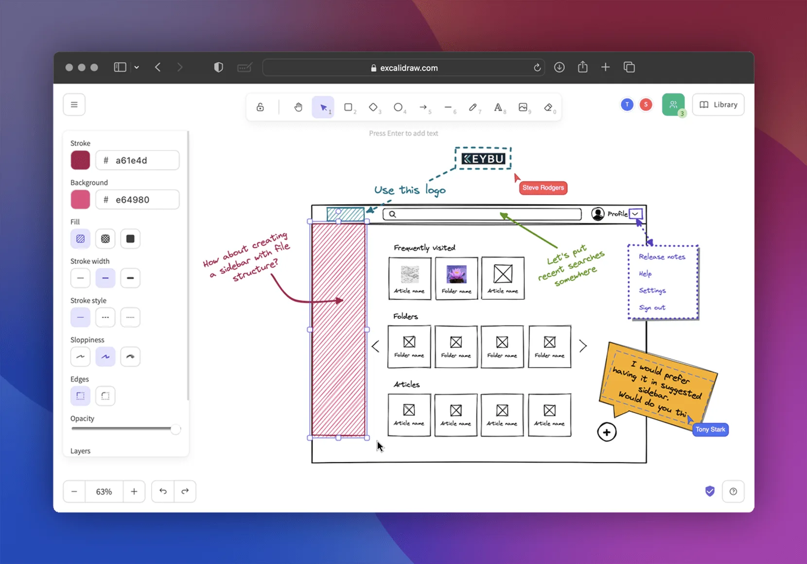 Excalidraw 官方 README 的作品展示图：用手绘风格线条绘制的图表与线框示例（来源：github.com/excalidraw/excalidraw）